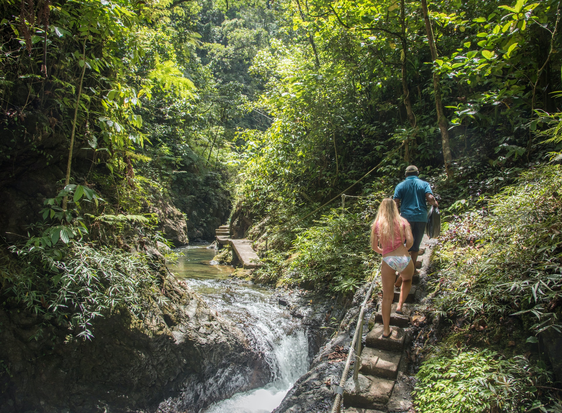 A woman and man hiking in Fijian Rainforest