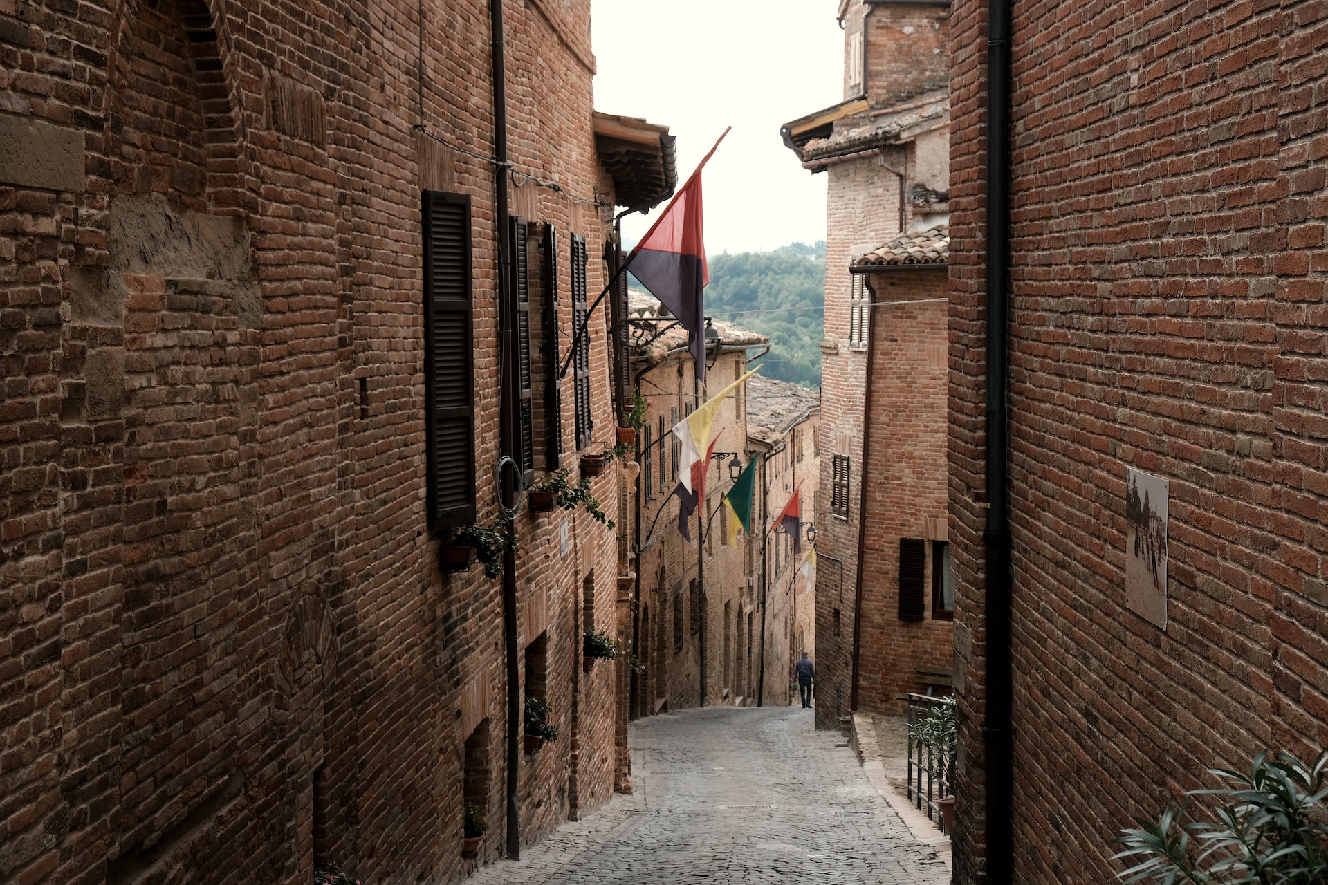 View of a steep street in Sarnano, Le Marche, Italy